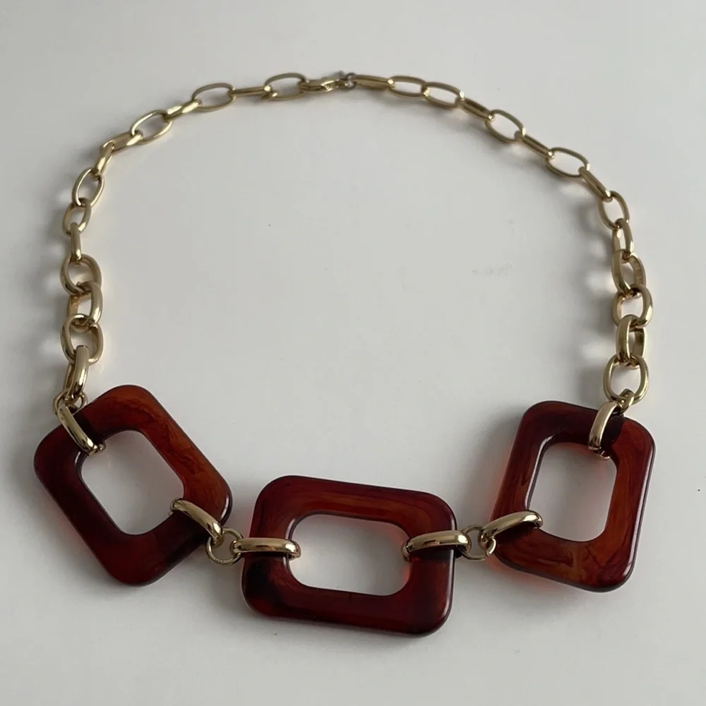 Large Statement Choker Style Acrylic Rectangle Tortoise Necklace - Picture 4 of 9